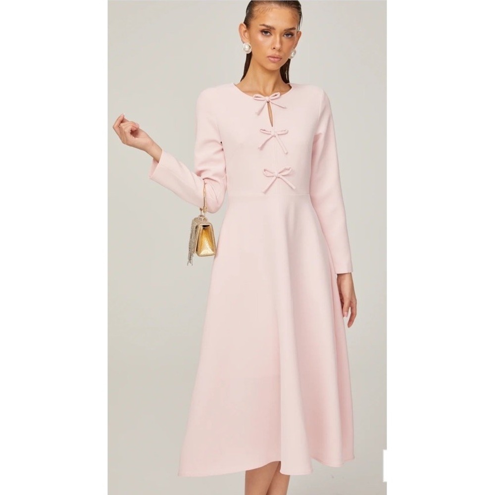 NWT Miss Rosier Elise‎ pink bow-detail split-neck midi dress women's large